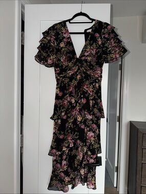 Wayf Black Floral Midi Dress with Pink & Green Print